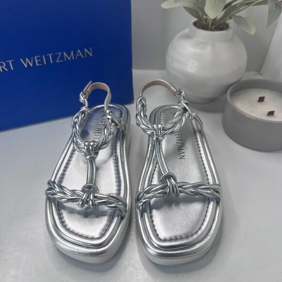 Stuart Weitzman Calypso Square Toe Sandals Metallic Silver S4563 Women 5B NWB - Picture 1 of 11